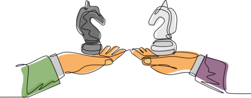 Single one line drawing business concept, of businessman hands, one holding knight chess piece and the other hand too. Strategy and management. Continuous line draw design graphic illustration png