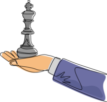 Single continuous line drawing hand holding king chess figure. Business strategy management. Partnership offer. Sport, competition, competitive, strategic. One line draw design illustration png