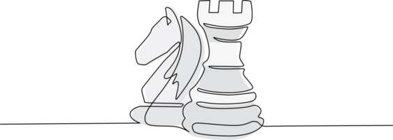 Continuous one line drawing rook and knight chess logo. Set of emblems and signs for chess sport tournament. Successful challenge flat isolated. Single line draw design graphic illustration png