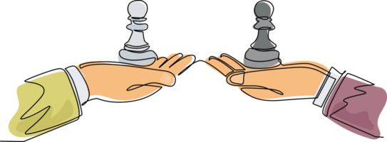 Single one line drawing business concept, of businessman hands, one holding pawn chess piece and the other hand too. Strategy and management. Continuous line draw design graphic illustration png