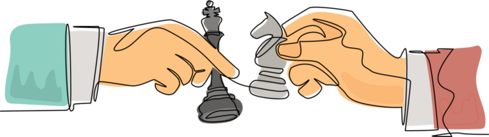 enda kontinuerlig linje teckning två mannens händer med kung och häst schack bitar. årgång gravyr stiliserade teckning. sport, konkurrens, konkurrenskraftig. ett linje dra grafisk design illustration png