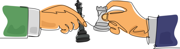 kontinuerlig ett linje teckning två mannens händer med kung och råka schack bitar. årgång gravyr stiliserade teckning. sport, konkurrens, konkurrenskraftig. enda linje dra design grafisk illustration png