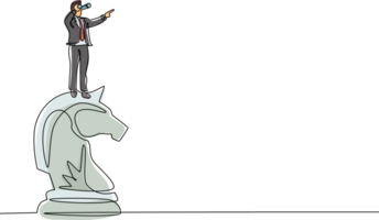 Single one line drawing businessman on top of big horse chess piece using telescope looking for success, opportunities, future business trends. Continuous line draw design graphic illustration png