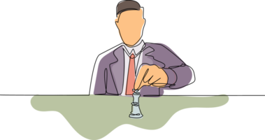 Continuous one line drawing strategy, leadership and management concept. Young smiling businessman sitting and moving chess figure alone feeling confident. Single line draw design illustration png