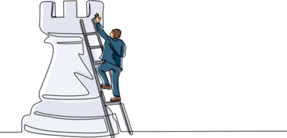 Single continuous line drawing businessman climb huge rook chess piece with ladder. Business strategy and marketing plan. Strategic move in business concept. One line draw design illustration png