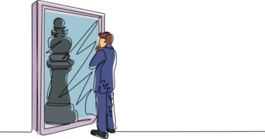 Continuous one line drawing businessman standing in front of mirror, reflecting chess king. Metaphor of confidence. Success, opportunities concept. Single line draw design graphic illustration png