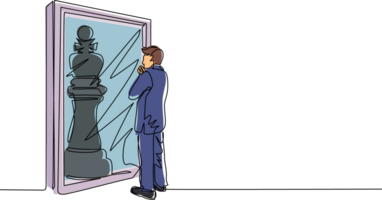 continu un ligne dessin homme d'affaire permanent dans de face de miroir, reflétant échecs roi. métaphore de confiance. succès, Opportunités concept. Célibataire ligne dessiner conception graphique illustration png