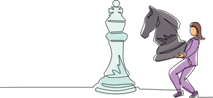 Single continuous line drawing businesswoman holding knight chess piece to beat king chess. Strategic planning, business development strategy, tactics in entrepreneurship. One line draw design png