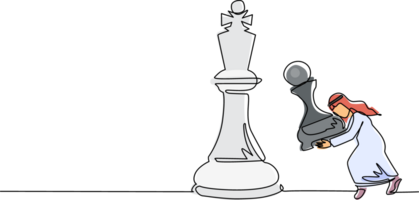 Single einer Linie Zeichnung arabisch Geschäftsmann halten Pfand Schach Stück zu schlagen König Schach. strategisch Planung, Geschäft Entwicklung Strategie, Taktik im Unternehmerschaft. kontinuierlich Linie zeichnen Design png