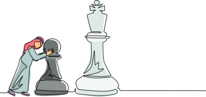 Single one line drawing Arab businessman push huge pawn chess piece. Business strategy and marketing plan. Strategic move in business concept. Continuous line draw design graphic illustration png