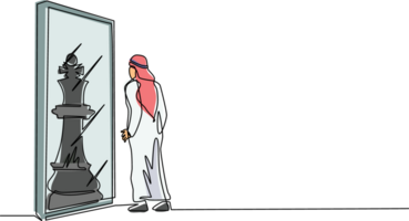 solteiro 1 linha desenhando árabe homem de negocios em pé dentro frente do espelho, refletindo xadrez rei. metáfora do confiança. sucesso, oportunidades conceito. contínuo linha desenhar Projeto ilustração png