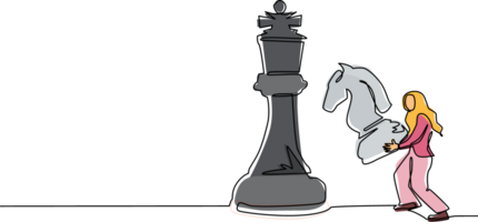 Continuous one line drawing Arab businesswoman holding knight chess piece to beat king chess. Strategic planning, business development strategy, tactic entrepreneurship. Single line draw design png
