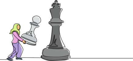 Continuous one line drawing Arabian businesswoman holding pawn chess to beat king chess. Strategic planning, business development strategy, tactics in entrepreneurship. Single line draw design png