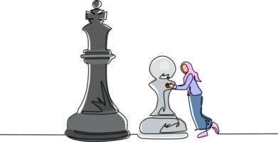 Célibataire continu ligne dessin arabe femme d'affaires pousser énorme pion échecs pièce. affaires stratégie et commercialisation planifier. stratégique bouge toi dans affaires concept. un ligne dessiner graphique conception illustration png