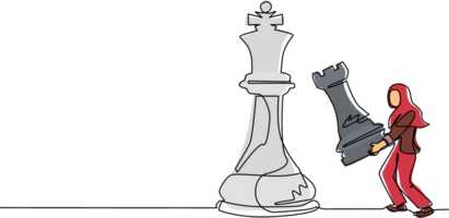 Single one line drawing Arabian businesswoman holding rook chess to beat king chess. Strategic planning, business development strategy, tactics in entrepreneurship. Continuous line draw design png