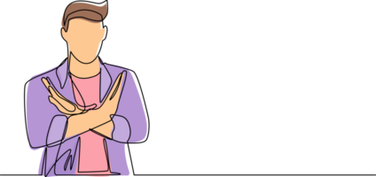 Continuous one line drawing young man crossing arms and saying no gesture. Person making X shape, stop sign with hands and negative expression. Single line draw design graphic illustration png