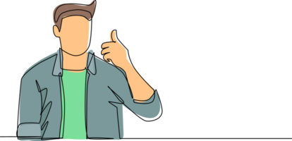 Single continuous line drawing confident businessman thumbs up. Excited business man dressed in casual wear showing thumbs up sign. Deal, like, agree, approve, accept. One line draw design png
