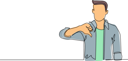 Single continuous line drawing unhappy young man showing thumbs down sign gesture. Dislike, disagree, disappointment, disapprove, no deal. Emotion, body language. One line draw graphic design png