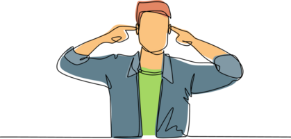Continuous one line drawing man covering ears with fingers with annoyed expression for the noise of loud sound or music while eyes closed standing in white background. Single line draw design png