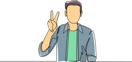 Continuous one line drawing smiling man is showing victory sign. Young businessman gesture success. Male doing victory sign. Sign of success and peace. Single line draw design illustration png