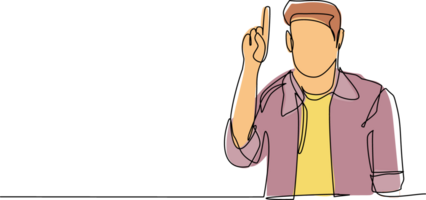 Single one line drawing young male pointing up finger while standing and smiling. Man pointing copy space. Emotion and body language concept. Continuous line draw design graphic illustration png