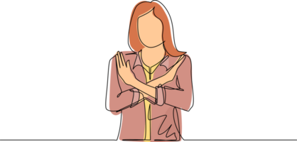 Single continuous line drawing young woman crossing arms and saying no gesture. Person making X shape, stop sign with hands and negative expression. One line draw graphic design illustration png