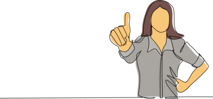 Single continuous line drawing confident businesswoman thumbs up. Excited female dressed in casual wear showing thumbs up sign. Deal, like, agree, approve, accept. One line draw graphic design png