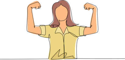 Continuous one line drawing happy female employee of company stands in strong pose. Businesswoman gestures hand. Office worker. Achievement concept. Single line draw design graphic illustration png