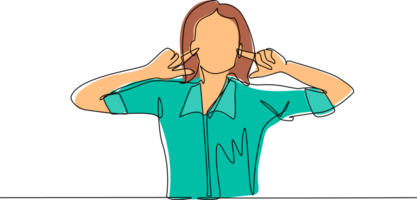 Single one line drawing woman covering ears with fingers with annoyed expression for noise of loud sound or music while eyes closed standing in white background. Continuous line draw design png