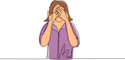 Single continuous line drawing young woman closes his eyes with her hands because of disgust and reluctance to see something, fear or sadness isolated. One line draw graphic design illustration png