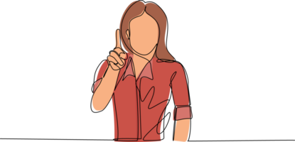 single doorlopend lijn tekening jong vrouw richten omhoog vinger terwijl staand en lachend. schattig vrouw richten kopiëren ruimte. emotie en lichaam taal concept. een lijn trek ontwerp illustratie png