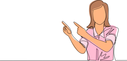 Continuous one line drawing young woman pointing away hands together and showing or presenting something while standing and smiling. Emotion and body language. Single line draw design graphic png