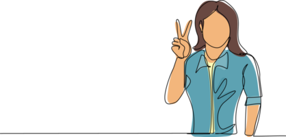 Single continuous line drawing smiling woman is showing victory sign. Young businesswoman gesture success. Female doing victory sign. Sign of success and peace. One line draw graphic design png