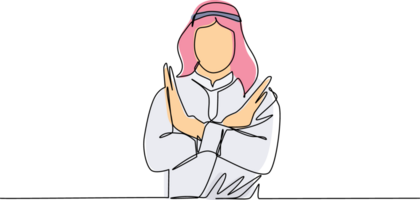 continu un ligne dessin Jeune arabe homme traversée bras et en disant non geste. la personne fabrication X forme, Arrêtez signe avec mains et négatif expression. Célibataire ligne dessiner conception graphique illustration png