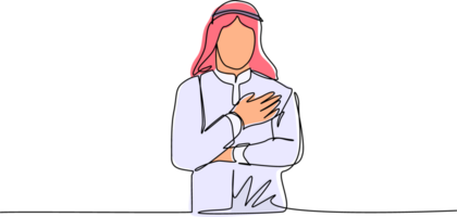 enda ett linje teckning ung arab man förvaring händer på bröst. leende vänlig manlig uttrycker tacksamhet. känsla, kropp språk begrepp. kontinuerlig linje dra design grafisk illustration png