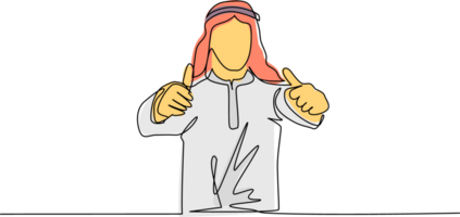 Single continuous line drawing confident Arab businessman thumbs up. Excited male dressed in traditional clothes showing thumbs up sign. Deal, like, agree, approve, accept. One line draw design png