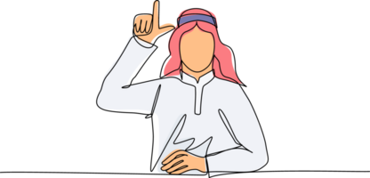 Single einer Linie Zeichnung unzufrieden arabisch Mann zeigen Verlierer Zeichen auf Stirn mit Finger. betont modisch Person gestikulieren Hand Über Kopf. männlich Herstellung 'l' Symbol. kontinuierlich Linie zeichnen Design png