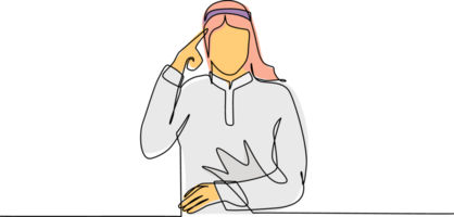 Single continuous line drawing Arabic man touching his temples and remembering something. Male holding finger on head, feeling tired exhausted, chronic work stress. One line draw graphic design png