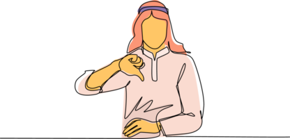 Single continuous line drawing unhappy young Arabian man showing thumbs down sign gesture. Dislike, disagree, disappointment, disapprove, no deal. Emotion, body language. One line draw design png