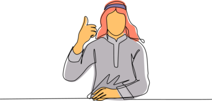 Single one line drawing confident Arab businessman thumbs up. Excited male dressed in traditional clothes showing thumbs up sign. Deal, like, agree, approve, accept. Continuous line draw design png