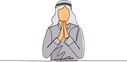 Single continuous line drawing Arabian businessman apologize, begging to client with hands together with hope expression on face very emotional and worried. One line draw design illustration png