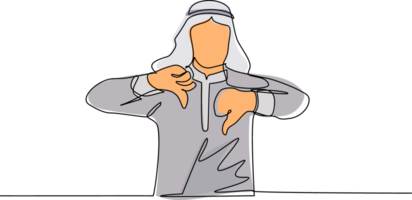 Single continuous line drawing unhappy young Arabian man showing thumbs down sign gesture. Dislike, disagree, disappointment, disapprove, no deal. Emotion, body language. One line draw design png