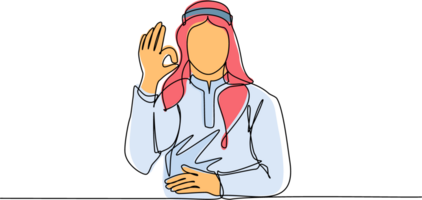 Continuous one line drawing Arabic man in traditional clothes gesturing ok sign. Okay sign, gesture language concept. Smiling male standing showing ok sign with fingers. Single line draw design png