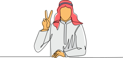 continu un ligne dessin souriant arabe homme est montrant la victoire signe. Jeune homme d'affaire geste succès. Masculin Faire la victoire signe. signe de Succès et paix. Célibataire ligne dessiner conception graphique png