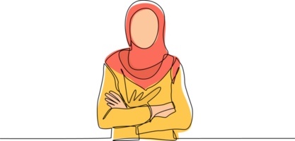 continu un ligne dessin souriant sur de soi arabe femme dans hijab, en gardant bras franchi. actif femme d'affaires permanent avec plié bras pose. Célibataire ligne dessiner conception graphique illustration png