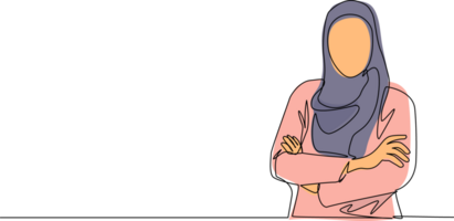 soltero continuo línea dibujo joven árabe mujer de negocios en pie con doblada brazos. linda hembra en hijab con brazos cruzado en pie aislado. dinámica uno línea dibujar gráfico diseño ilustración png