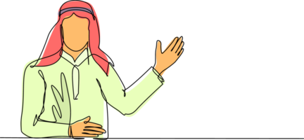 Single continuous line drawing Arabian male in traditional clothes presenting something. Young businessman showing something or presenting project. One line draw graphic design illustration png