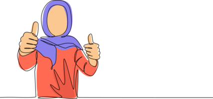 Single one line drawing confident Arab businesswoman thumbs up. Excited female dressed in hijab showing thumbs up sign. Deal, like, agree, approve, accept. Continuous line draw design graphic png