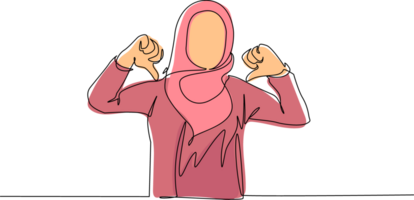 Single one line drawing unhappy Arab woman showing thumbs down sign gesture. Dislike, disagree, disappointment, disapprove, no deal. Emotion, body language. Continuous line draw design graphic png