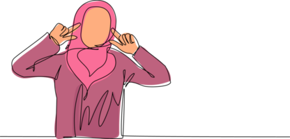 single doorlopend lijn tekening jong Arabisch vrouw aan het bedekken oren met vingers met geërgerd uitdrukking voor lawaai van luid geluid of muziek- terwijl ogen Gesloten. een lijn trek grafisch ontwerp illustratie png